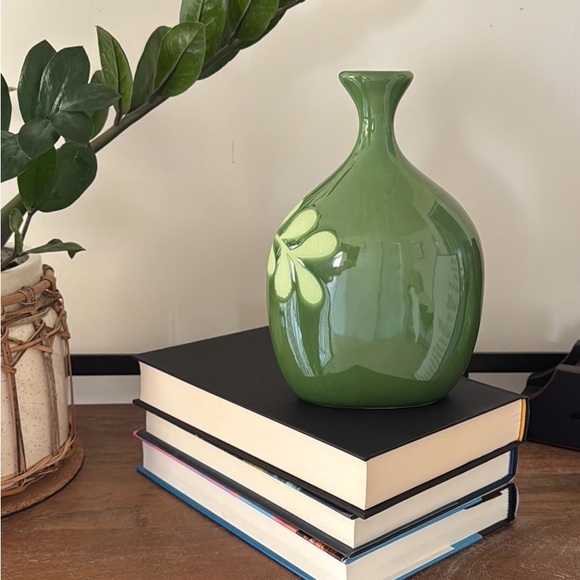 Crate&Barrel Green Ceramic Vase with Leaf Design - Picture 4 of 6